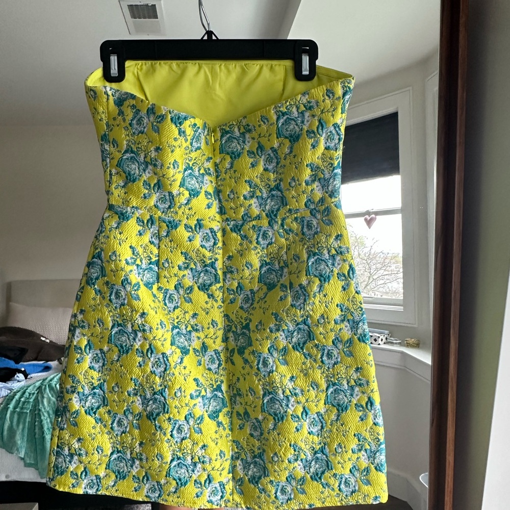 Lulus Chartreuse & Blue Floral Jacquard Mini Dress